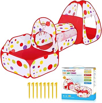 MAIKEHIGH 3 in 1 Kids Play Tent, Pop Up Tent with Crawl Tunnel | Foldable Baby Ball Pit Basketball Hoop Indoor Outdoor Garden Playhouse Game Boys Girls Toddler Toy Gifts
