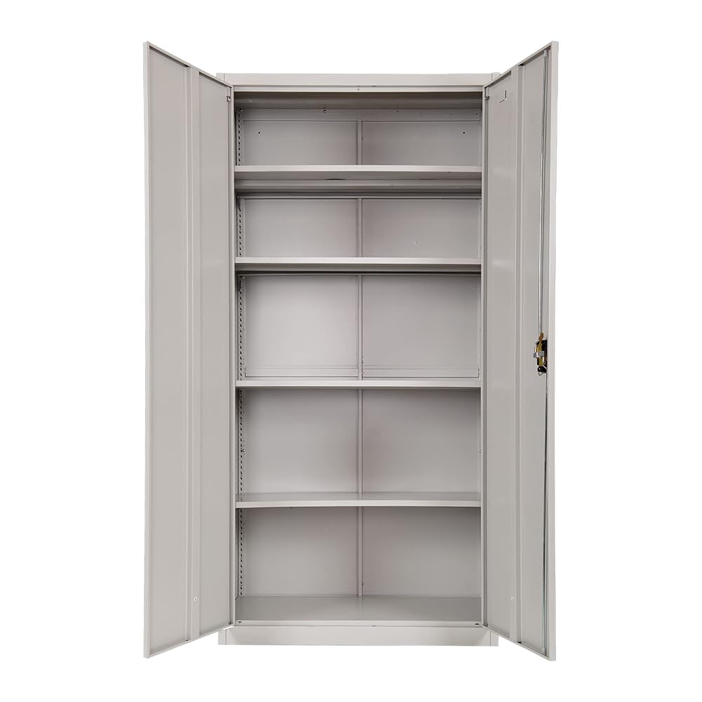 Frideko Metal Storage Cabinet with 2 Door and 4 Adjustable Shelves, 185cm Tall, Light Grey