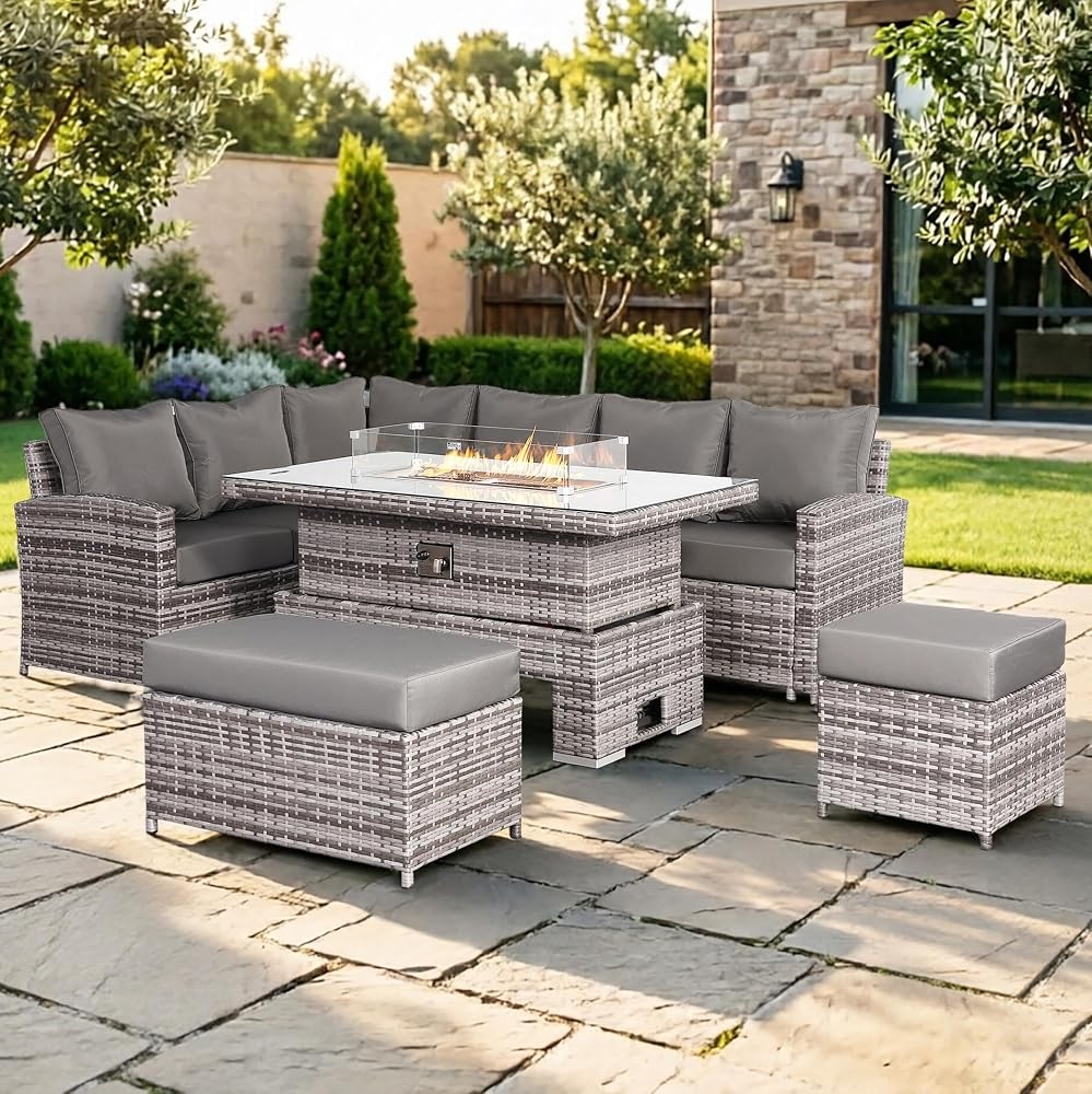 Club Rattan High Back Left Hand Corner Sofa Set with Fire Pit Rising Table, 9 Seater