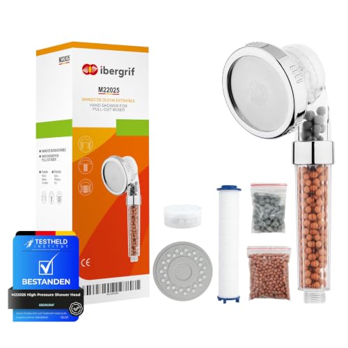 Ibergrif Shower Head, 3-Stage Hard Water Filter, Anti-Limescale, 3 Modes