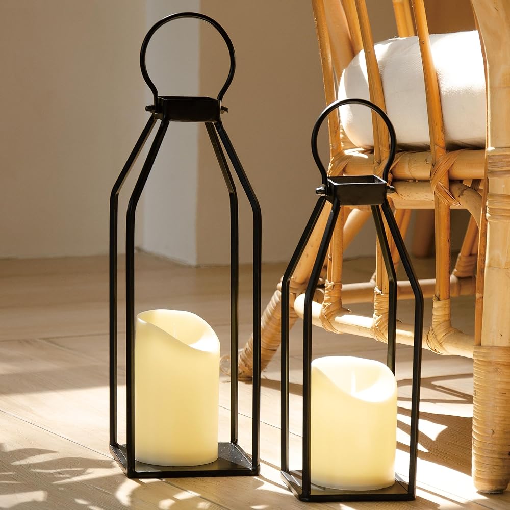 Perfnique Modern Farmhouse Candle Lantern Set, 15"/13", Black Metal