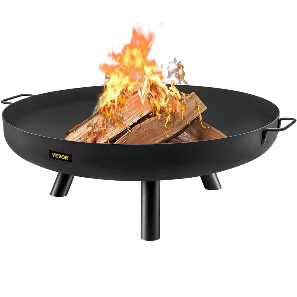 VEVOR Fire Pit Bowl, 28-Inch Deep Round Carbon Steel Fire Bowl, Wood Burning for Outdoor Patios, Backyards & Camping Uses, with A Drain Hole, Portable Handles and A Firewood Stick