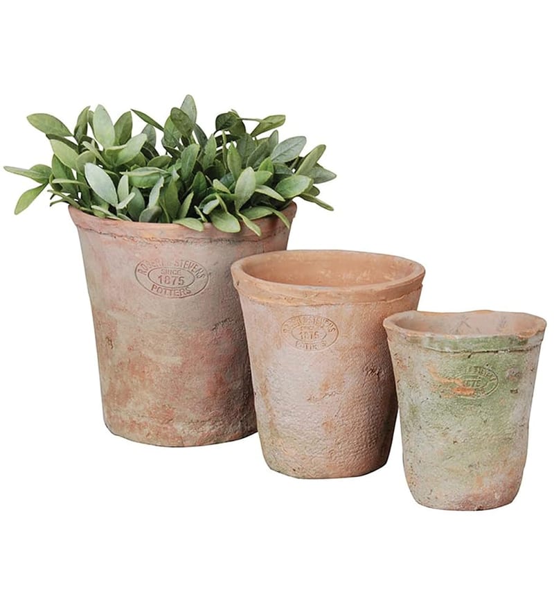 Home Deco London Aged Round Terracotta Plant Pots Set, Rustic Planters