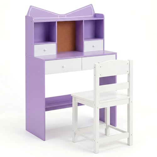 GYMAX Kids Desk and Chair Set, Wooden Children Study Table with Storage Space and Bulletin Board, Toddler Writing Desk Set for Boys Girls (Pink)