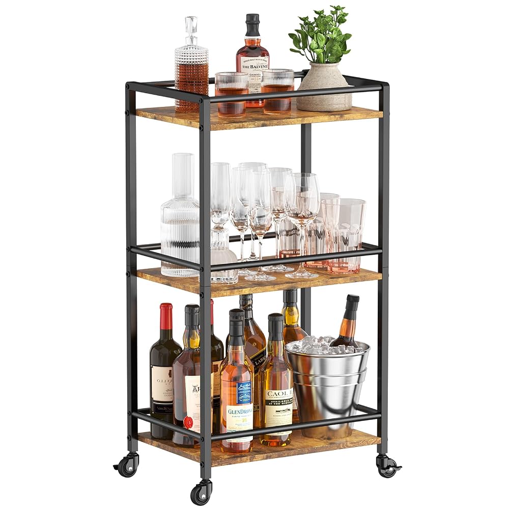 Lifewit Drink Cart, Rolling Bar Cart, Tea Serving Trolley on Lockable Wheels, Kitchen Cocktail Alcohol Trolley