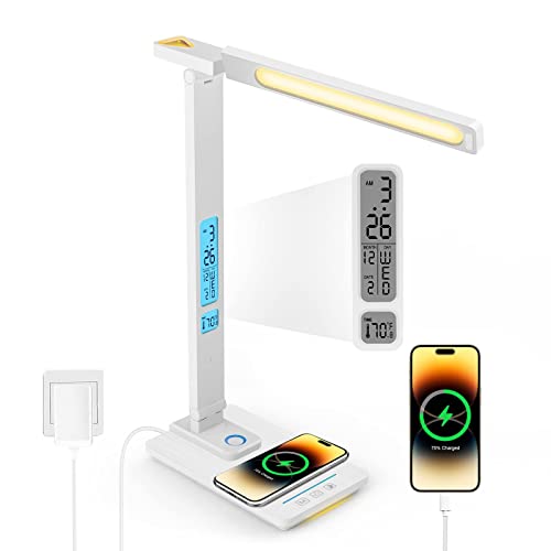 LAOPAO LED Desk Lamp with Wireless Charger, USB Charging Port, Touch Sliding Dimmable, Auto Timer Table Lamp with Night Light and Clock