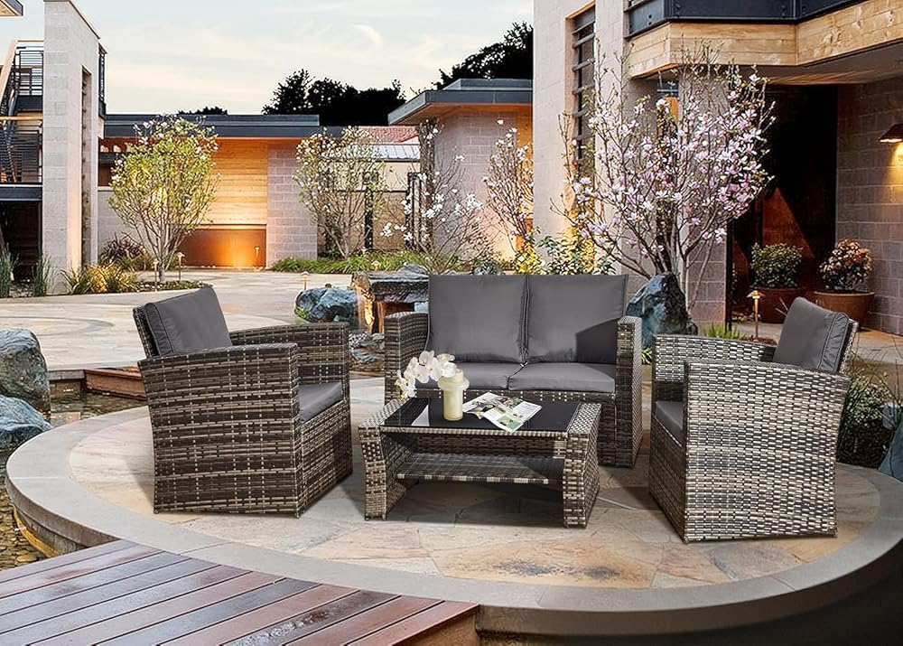 COSMO BUY 4-Seater Mix Grey Rattan Corner Sofa Set with Glass Top Table