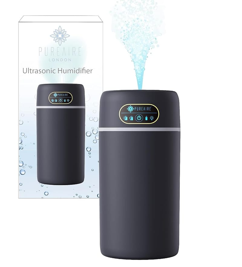 PureAire Cool Mist Humidifier for Bedroom & Home Office, Colour LED Ultrasonic Air Diffuser with High Capacity 800ml Water Tank & USB - Black