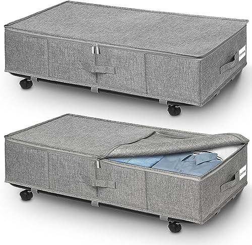 JUPELI Under Bed Storage on Wheels, Extra Large 50L Foldable Under Bed Storage Organiser, 2 Pack