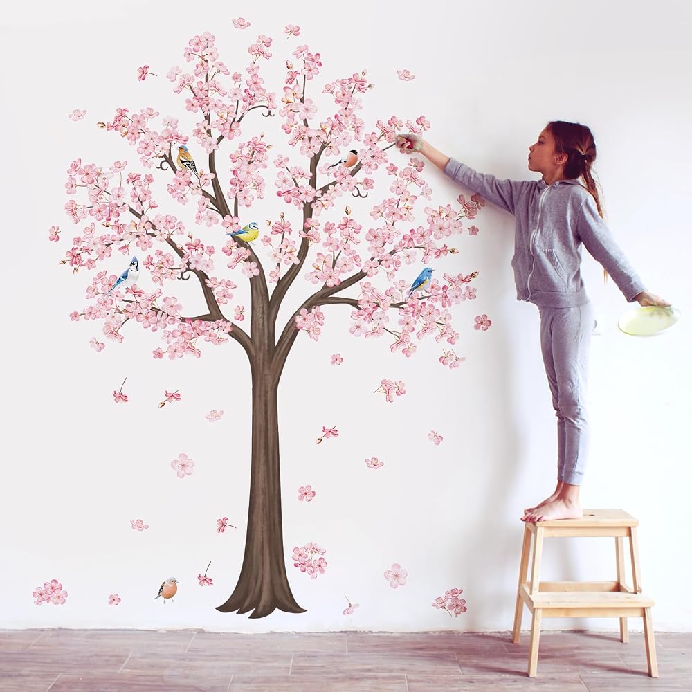 decalmile Large Pink Blossom Tree Wall Decals, Flower Birds Branch Wall Stickers, Baby Nursery Wall Decor