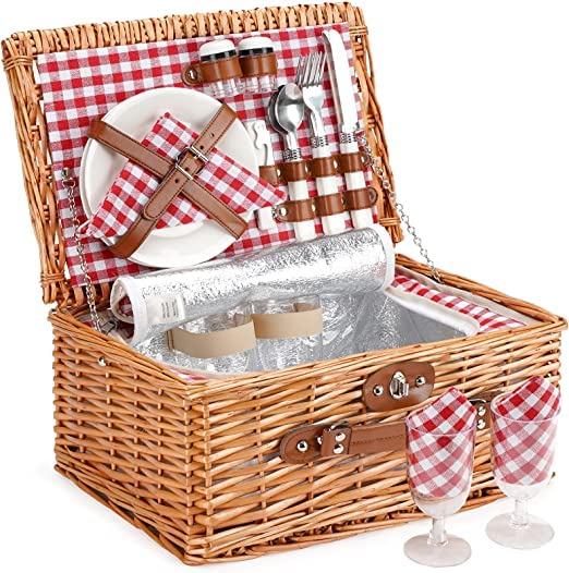 Trendi Premium Wicker Picnic Basket Set for 4 Persons - Outdoor Hamper with Cutlery, Plates, Wine Glasses, Cooler Bag and Insulated Picnic Basket