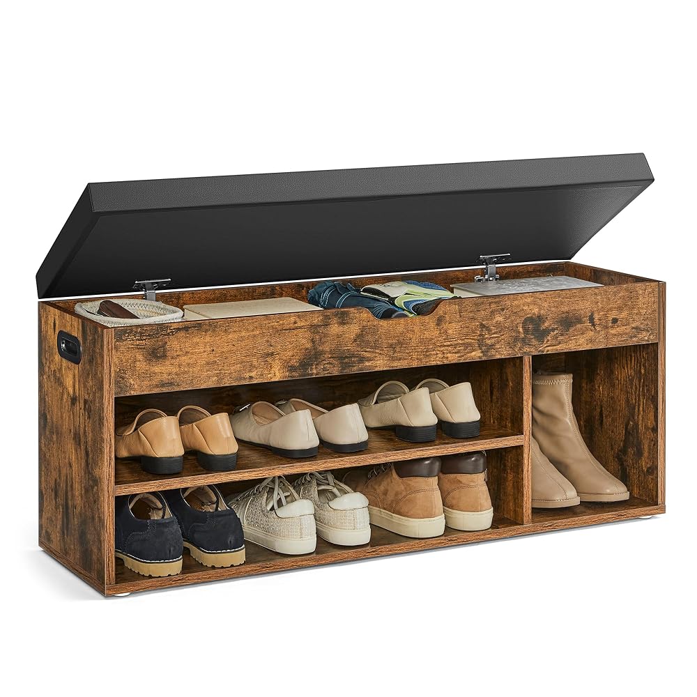 VASAGLE Shoe Bench with Cushion, 3 Compartments, Padded Seat