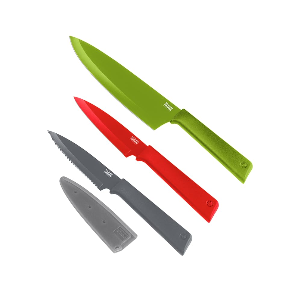 Kuhn Rikon Colori+ Mixed Kitchen Knife Set with Blade Covers - Chef's, Bread, Santoku and Paring Knives, Red
