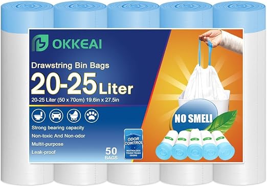 OKKEAI Bin Bags 20L, White Pedal Bin Liners with Drawstring, 50 Count | Strong Small Bin Bags, Leak-Resistant, Tear-Resistant, Unscented, Ideal for Bathroom Waste Collection