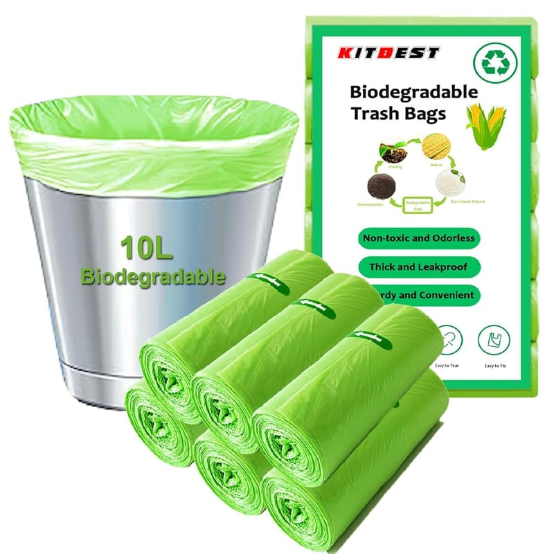 KITBEST 10L Biodegradable Bin Liners 120 Count, Food Waste Trash Bags, Strong, Degradable, Compostable, Leakproof, Green, 45x50cm