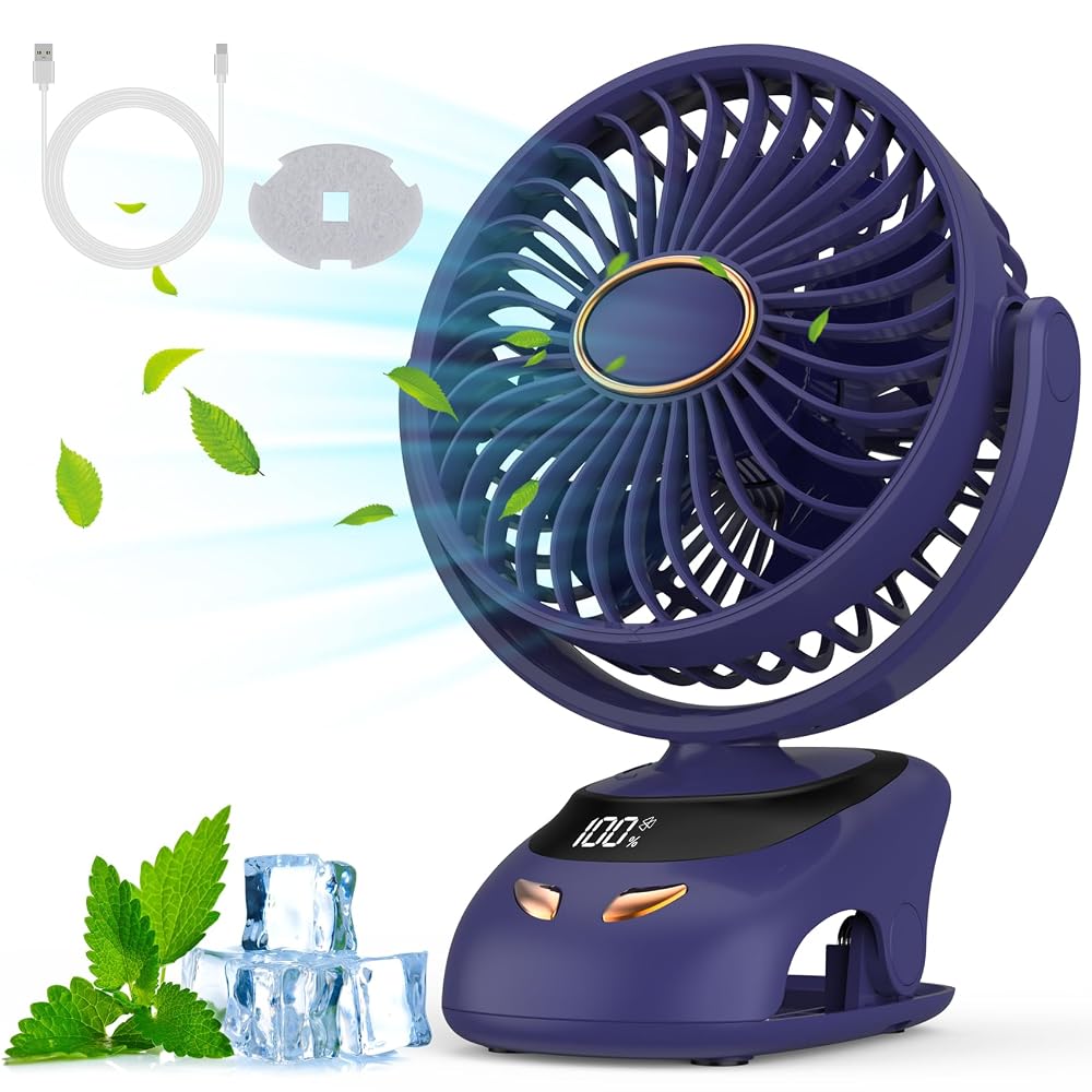 Misilmp USB Clip Fan, Mini Portable Desk Fan with LED Display & Night Light, 5 Speeds, 90° Rotatable