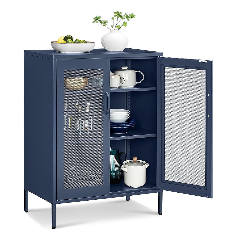 SONGMICS Metal Storage Cabinet with Mesh Doors, Steel Display Cabinet with Adjustable Shelves, Midnight Blue