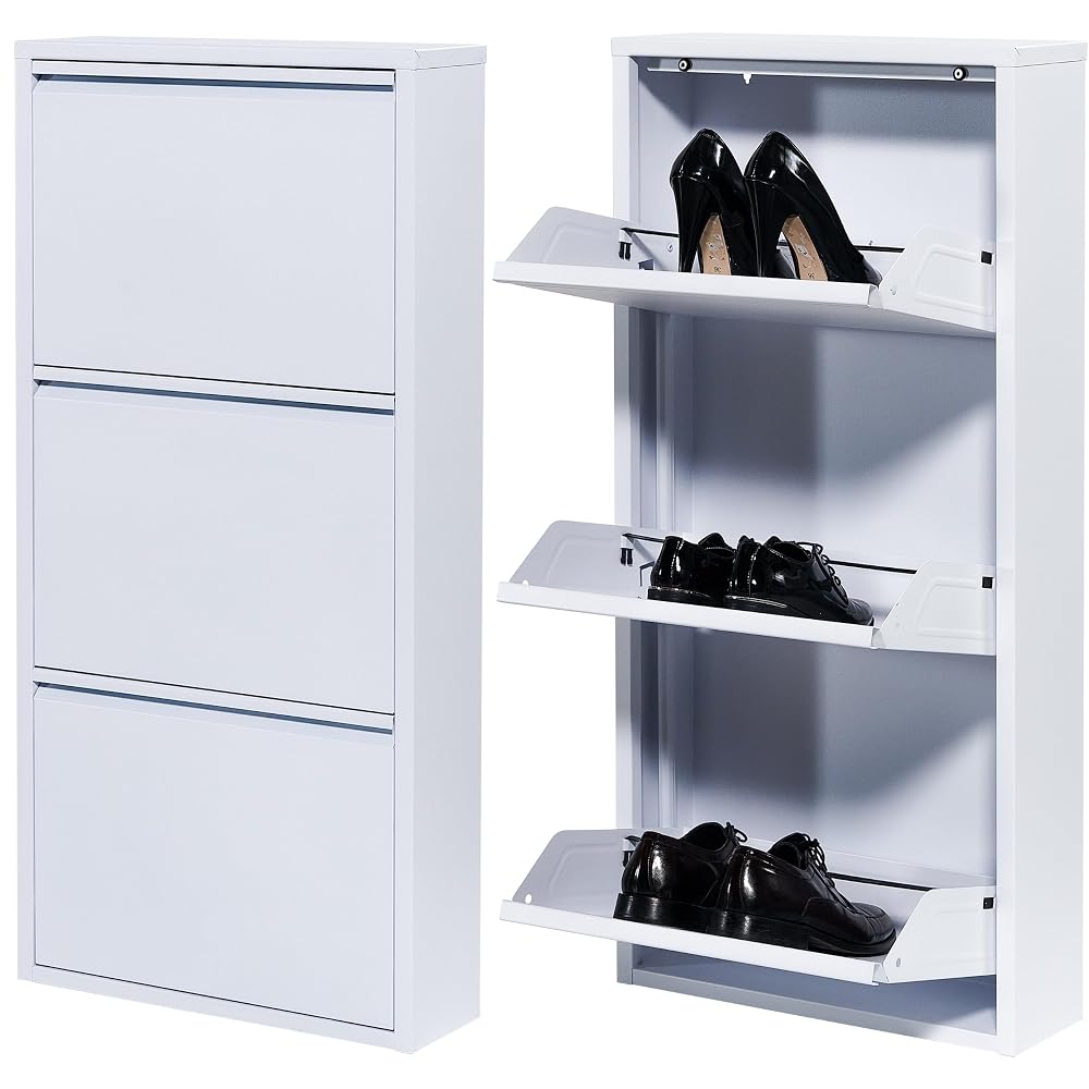 Atahome Slim Shoe Cabinet, Narrow 3-Drawer Metal Shoe Storage, White