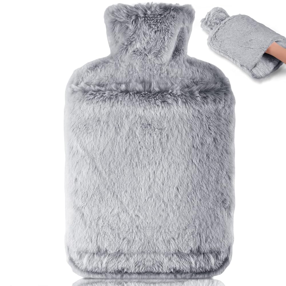 BOLEi Hot Water Bottle with Luxury Cosy Faux Fur Cover, 2L Leakproof Large Hot Water Bag for Neck, Shoulder, Hand & Feet Warmer (Grey)