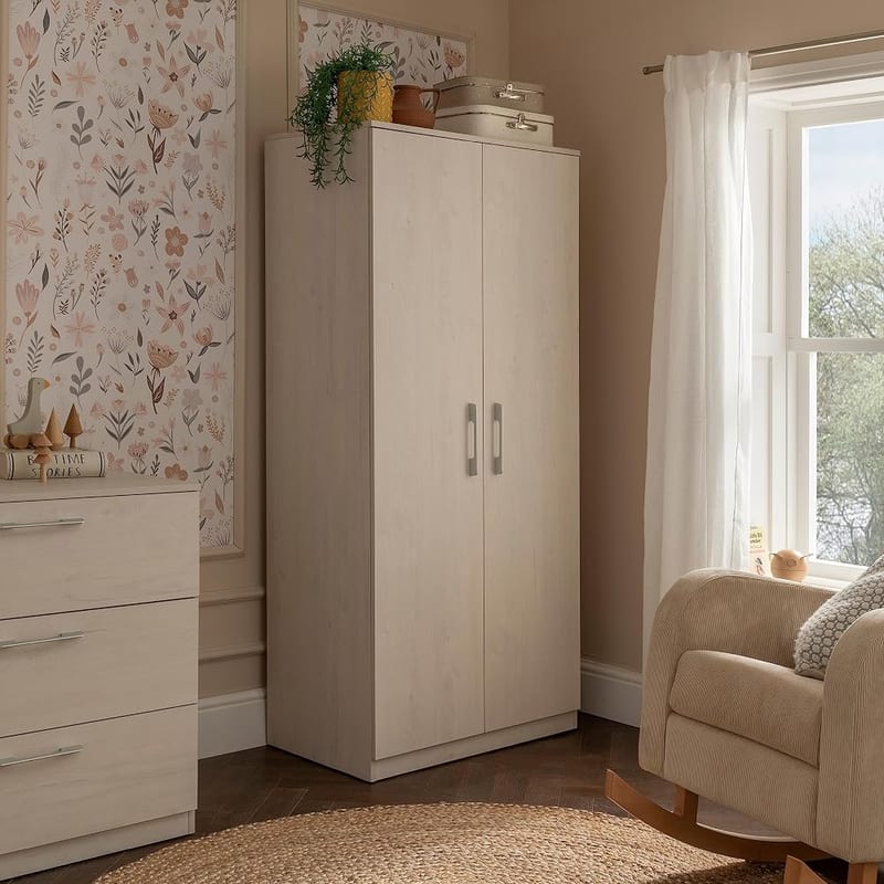 Freya Double Wardrobe for Nursery - Baby Nursery Furniture with 2 Hanging Rails and Adjustable Shelves, Coastal White