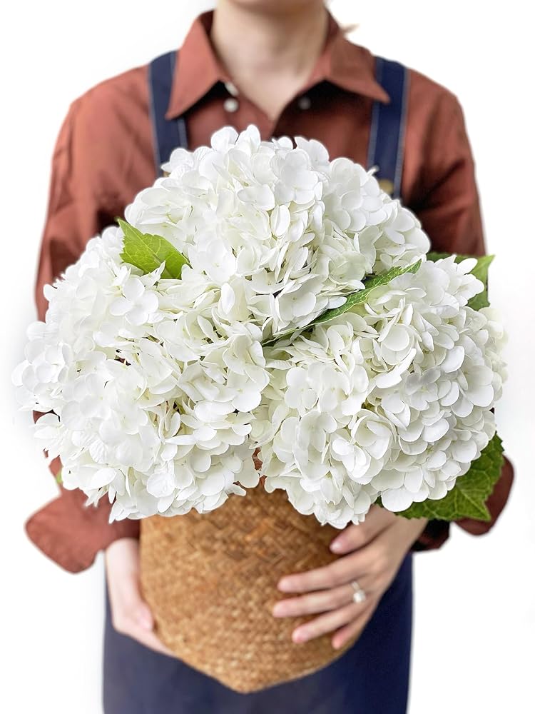 JINWOE White Hydrangea Artificial Flowers, 3Pcs Large 21" Royal Real Touch Latex Silk Flowers for Wedding Bouquet and Table Centerpieces