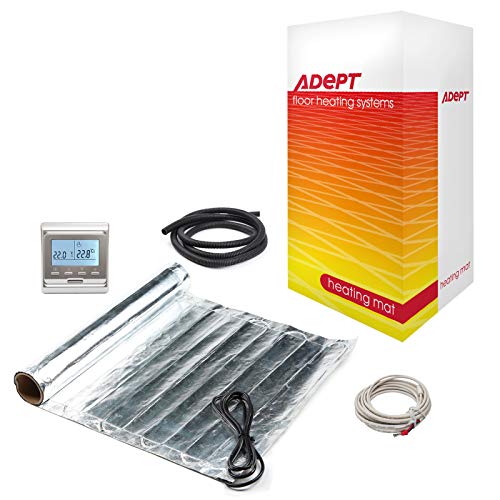 Adept Electric Underfloor Heating Mat Kit for Laminate or Engineered Wood Flooring, 140W/m² with Silver Programmable Thermostat