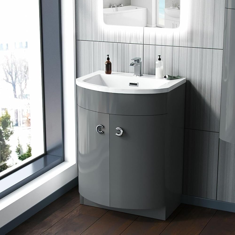 Nes Home Dene 600mm Freestanding Modern Grey Gloss Basin Vanity Storage Unit