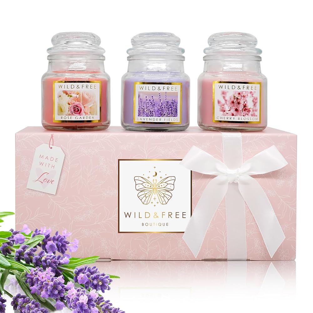 Floral Scented Candle Gift Set for Women – Soy Wax Scent in Rose Garden, Lavender Fields & Cherry Blossom – Relaxation Aromatherapy Gifts for Friend, Sister, Mum, Wife, Birthday, Auntie, Thank You
