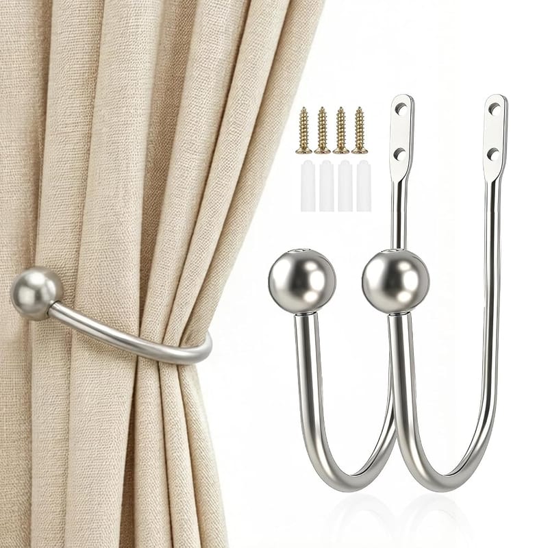2 Pcs Metal Curtain Holdbacks, Wall Mounted Curtain Holder Hooks (Silver)