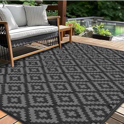 Kalafun Outdoor Patio Plastic Straw Rug, 5x8ft Waterproof Reversible, Black & Grey