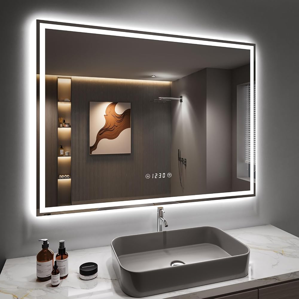 Dripex LED Bathroom Mirror with Shaver Socket and Clock, 600 x 800mm, Dimmable 3 Colours
