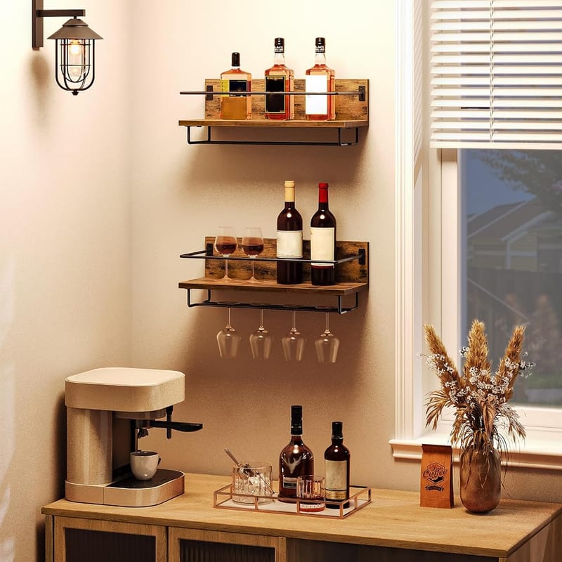 HOOBRO Wall Mounted Wine Rack, Wine Glass Rack Set of 2, Wine Shelf Hanging Floating Shelves, Stemware Holder, Rustic Brown and Black