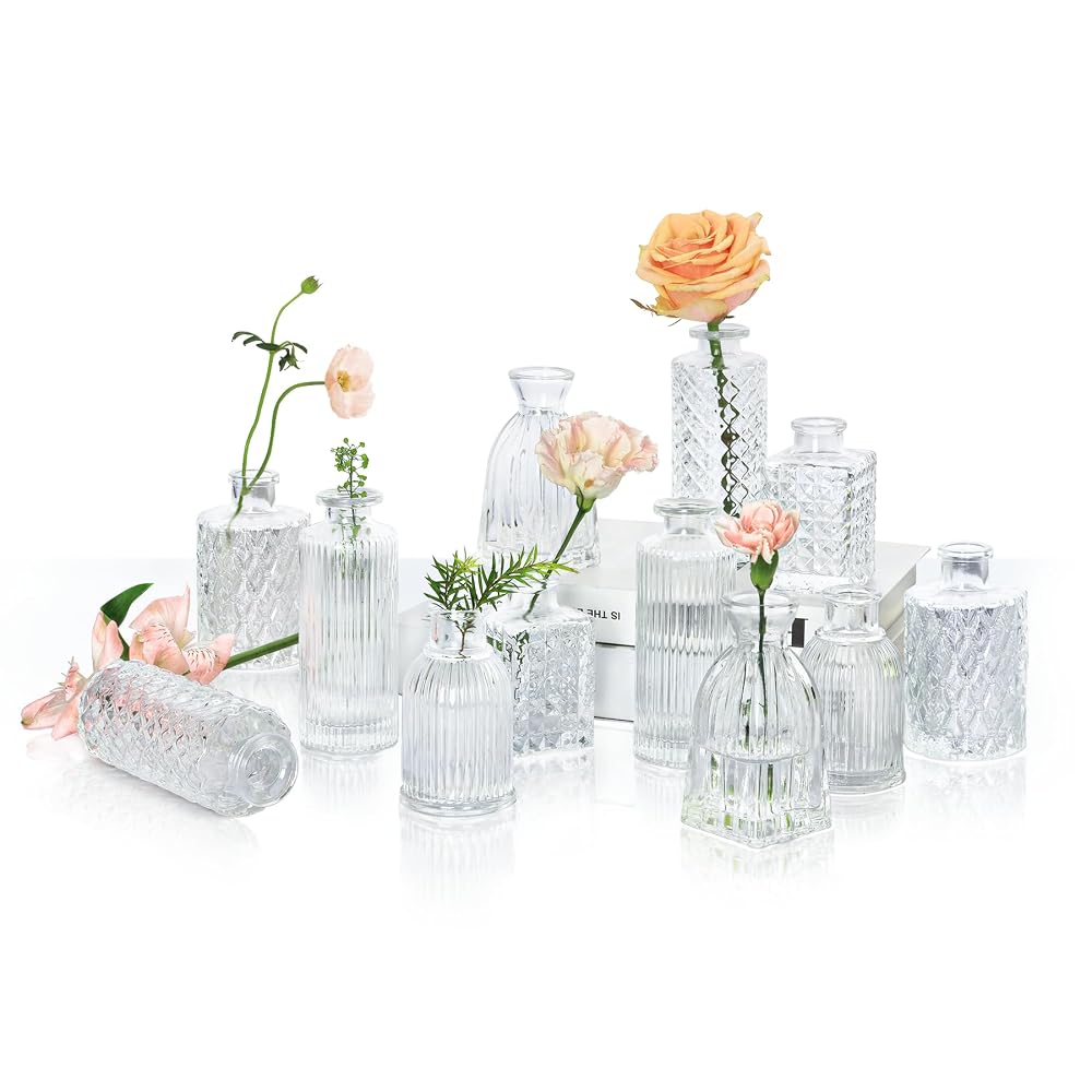 ComSaf Glass Bud Vases, Set of 12, Small Clear Glass Vases for Wedding Table Centrepieces and Home Décor