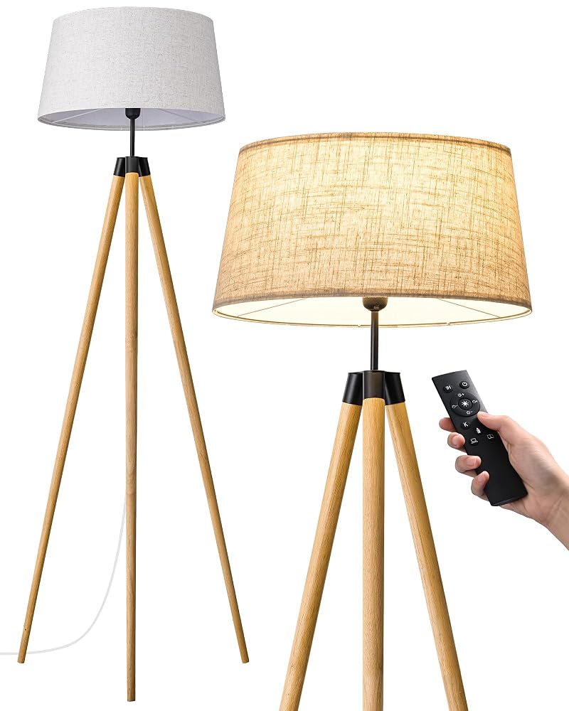 EDISHINE Tripod Floor Lamp, Standing Lamp with Linen Lampshade, Dimmable & Adjustable Colour Temperatures, LED Bulb Included, Wood