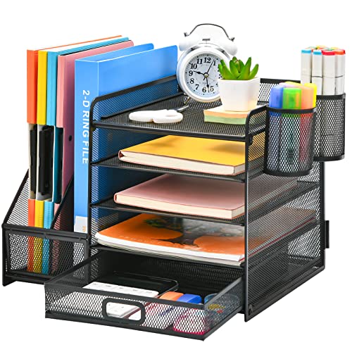 Marbrasse Desk Organiser File Holder,5-Tier Paper Letter Tray Organiser with Drawer,2 Pen Holder,Mesh Desktop Storage with Magazine Holder for Office Supplies(Black)