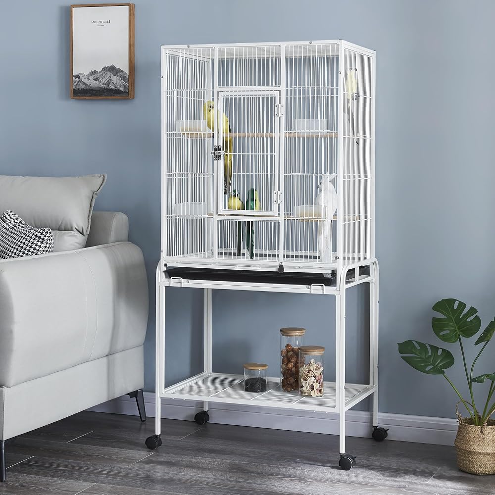 Panana Large Bird Cage Parrot Cage, Wide Flight Metal Cage for Budgie Parakeet Conure with Rolling Stand Wheels, White