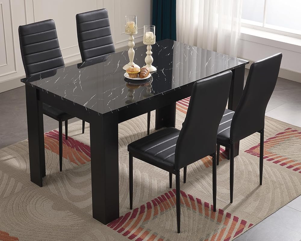 Blisswood Dining Table Set, Black Marble-Effect Table and 4 PU Leather Chairs