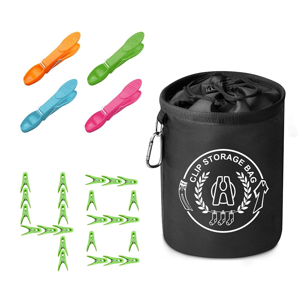 hadio Strong Plastic Clothes Pegs and Bag Set - 48-Pack, Waterproof, Large Peg Bag with Hanger, Laundry Clips