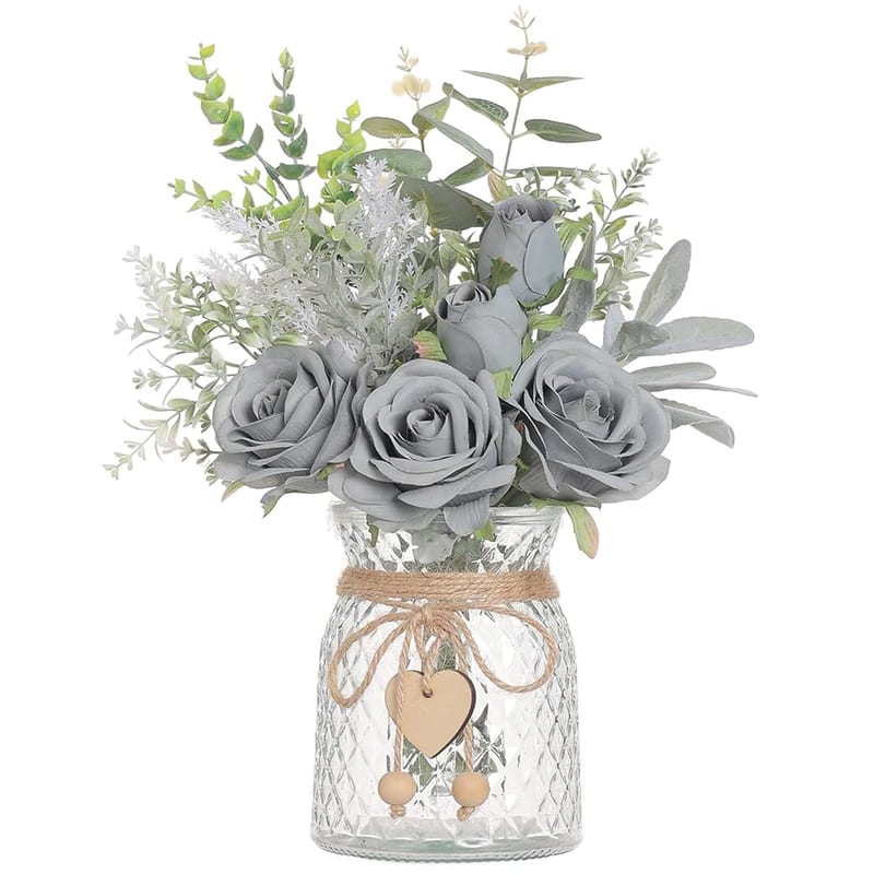 Faux Flowers with Vase, Artificial Silk Roses in Vase, Fake Eucalyptus Flower Arrangement for Home, Office, Farmhouse and Dining Table Centrepiece (Grey Blue)