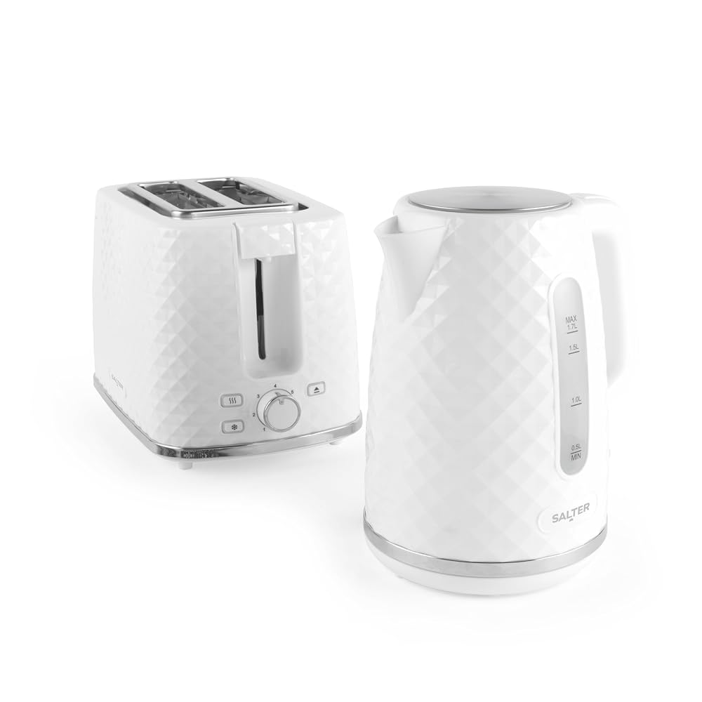 Salter COMBO-8745 Kettle & Toaster Set - White Fast Boil 1.7L Kettle, 2-Slice Wide Slot Toaster, 360 Swivel Base, 7 Browning Levels
