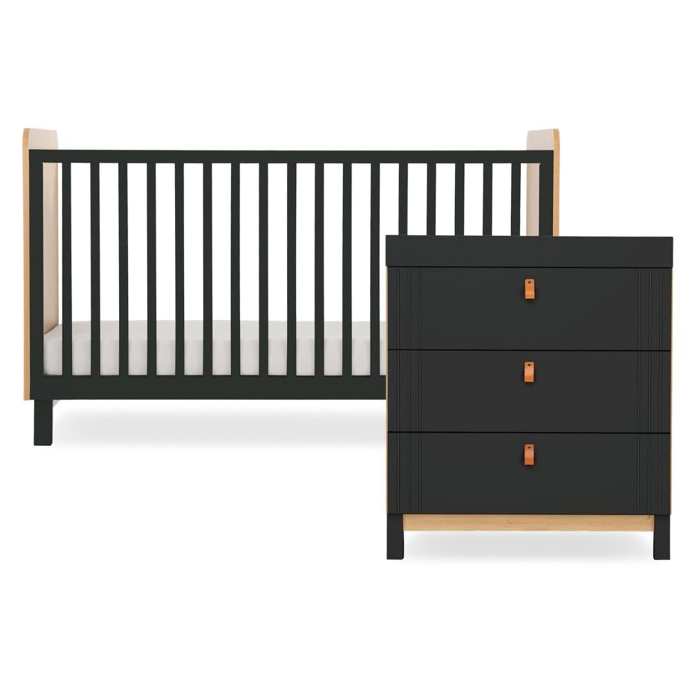 Rafi Nursery Furniture 2Pc Set - Baby Cot Bed and Chest of Drawers with Changing Unit, Oak & Black with Leather Handles