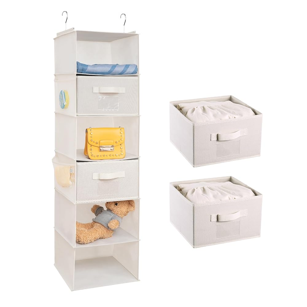 BrilliantJo Hanging Wardrobe Organiser, 6 Shelves with 2 Removable Drawers, Closet Storage, Black