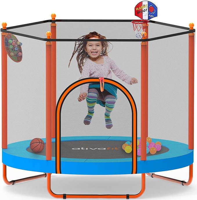 ATIVAFIT 60'' Rebounder Trampoline Indoor Outdoor for Kids Ages 3-8, 5FT Recreational Toddler Trampoline with Safety Enclosure Net Gifts with Basketball Hoop Dartboard Ocean Bal