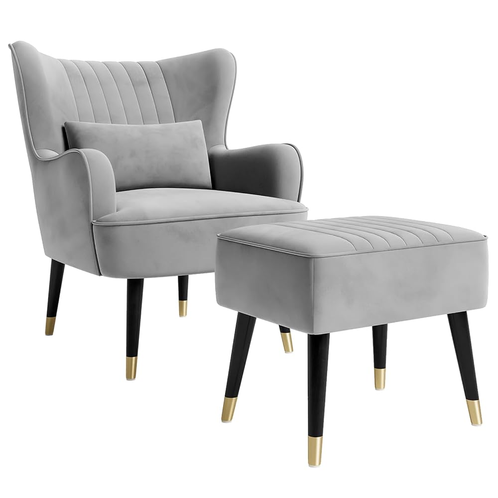 Vesgantti Velvet Armchair with Footstool, Wing Back Accent Chair and Ottoman