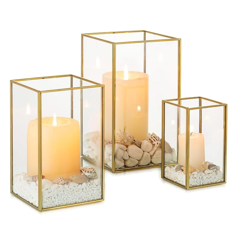 NUPTIO Hurricane Candle Holders Glass, 3 Pcs Gold Lantern Tempered Glass Chimney for Candles, Decorative for Living Room Tabletop or Fireplace