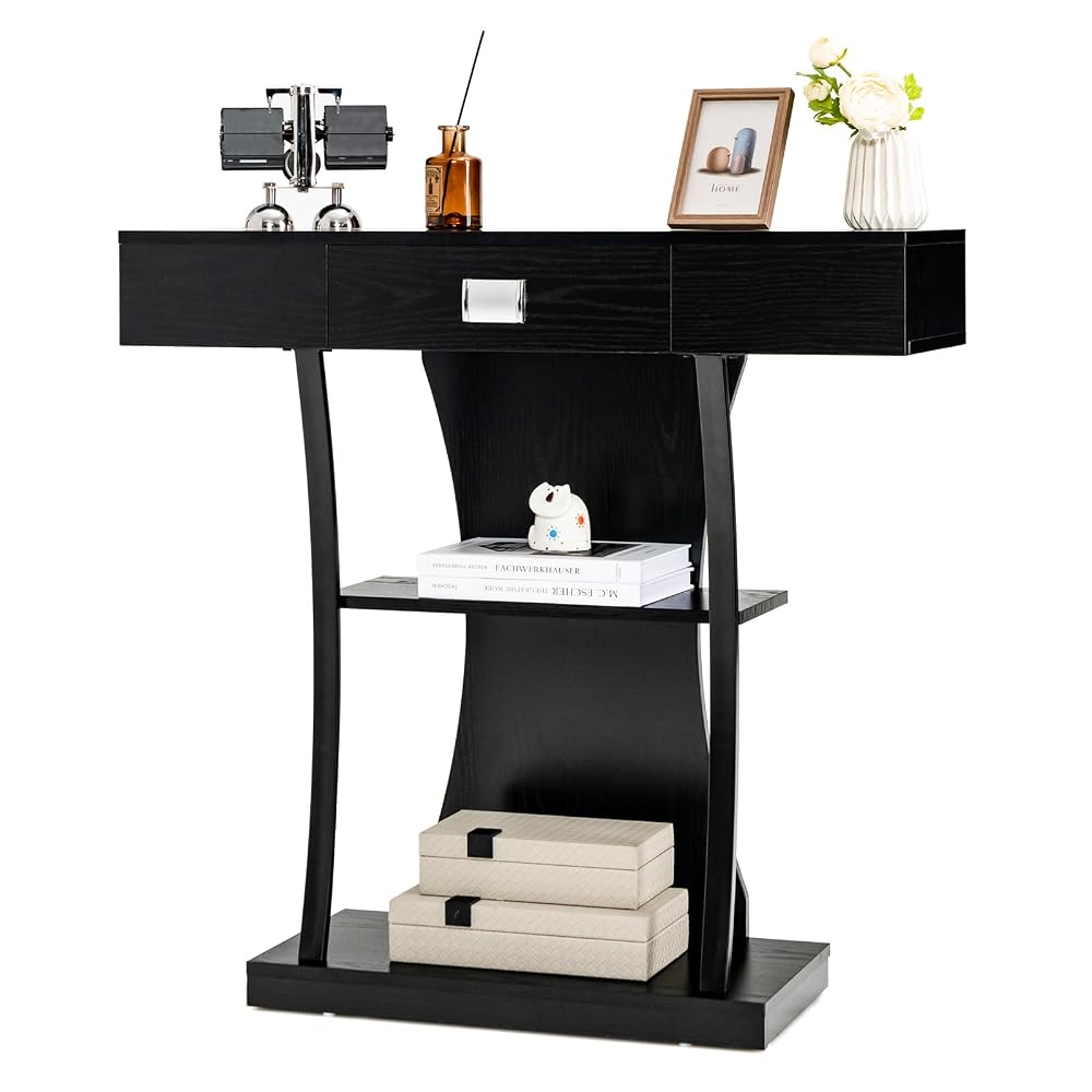 COSTWAY Console Table, Wooden T-Shaped Narrow Hall Desk with Drawer
