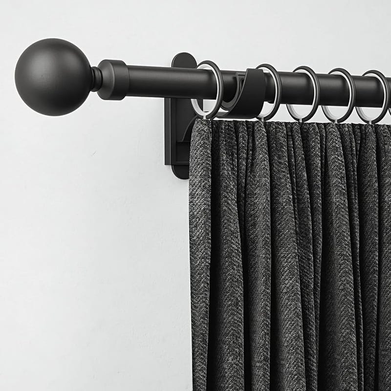 ROTHLEY Black Curtain Rods for Windows 28 to 48 Inch Extendable Curtain Pole, 1 Inch Diameter, Klick Fit Brackets, Orb Finial