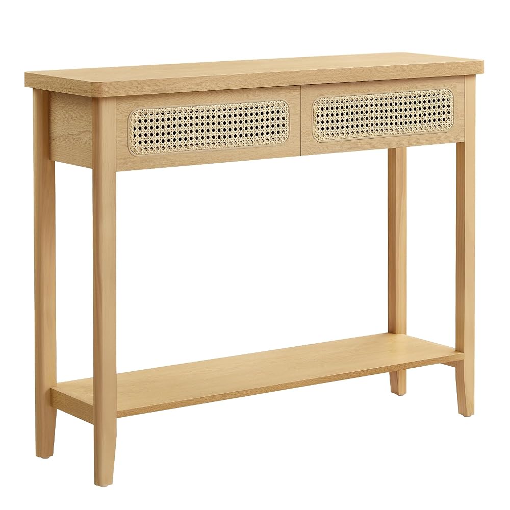 VASAGLE Console Table for Hallway, Slim Sofa Table for Living Room, with 2 Drawers, Open Shelf, Rounded Corners, Boho Style, Oak Beige