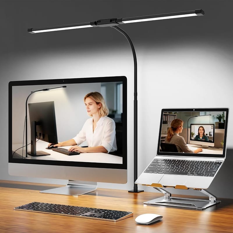 Woputne Desk Lamp with Clamp, Super Wide and Bright, 5 Color Modes x 10 Brightness Levels, 960LM Flexible Dual Head Monitor Light