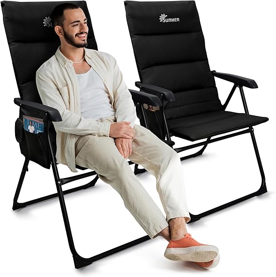 SUNMER Padded High Back Camping Recliner Chair Set of 2-5 Position Reclining Folding Garden Chair - Lightweight & Heavy Duty - Luxury Camping Chairs for Adults, Fishing & Deck - Black